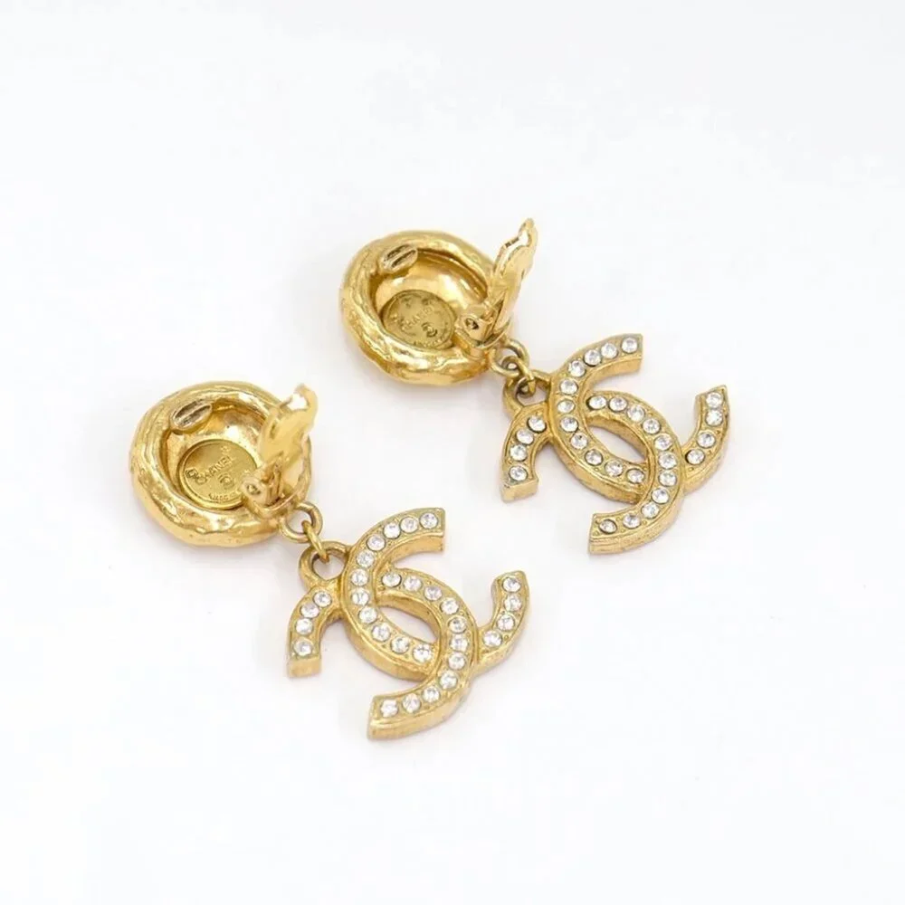 CHANEL CC Logos Rhinestone Round Drop Earrings Gold Tone Auth w/Box #22400 - Picture 4 of 6